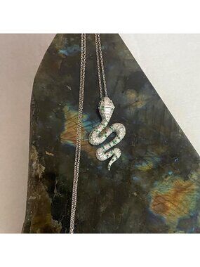 Sterling Silver 925 FZN White Green CZ Snake Pendant Necklace 18" Cable Chain